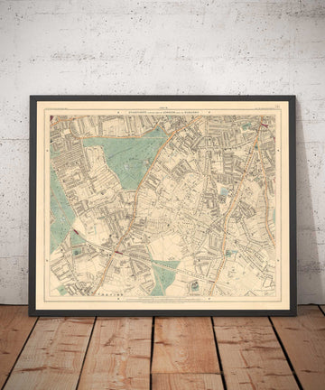 Ancienne carte en couleur du sud de Londres, 1891 - Clapham, Balham, Brixton, Tooting, Common, Park - SW2, SW4, SW12, SW17, SW11