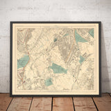 Ancienne carte en couleur du sud de Londres en 1891 - Dulwich, Peckham Rye, Herne Hill, Forest Hill - SE24, SE22, SE21, SE23