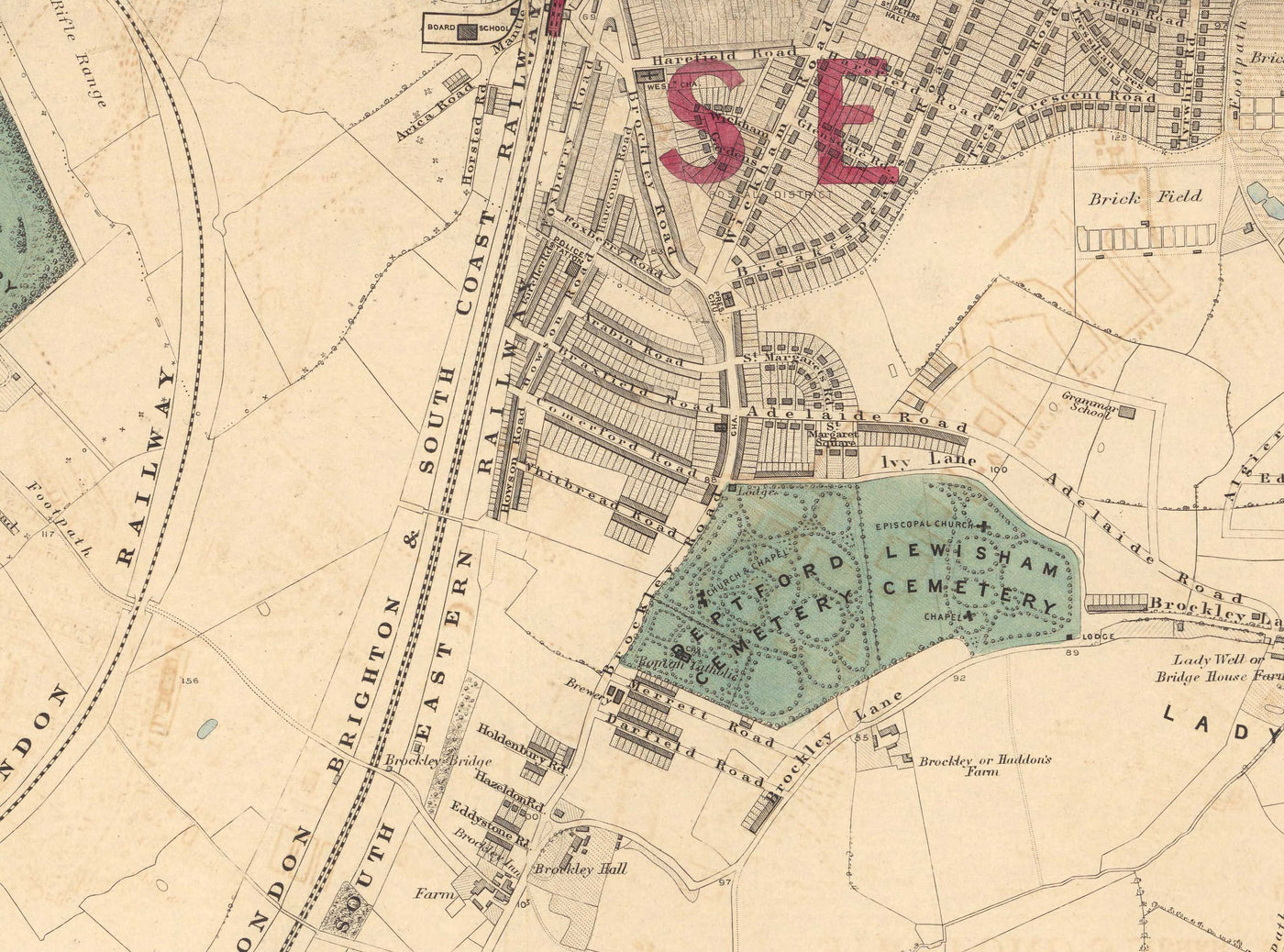 Old Colour Map of South East London, 1891 - Lewisham, Ladywell, Brockley, Catford - SE4, SE13, SE23, SE6