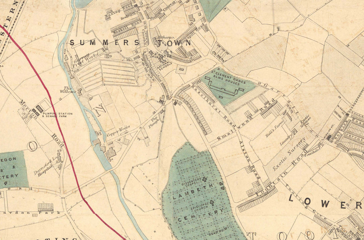 Old Colour Map of South West London, 1891 - Wimbledon, Merton, Summerstown - SW19, SW17 SW20