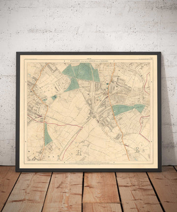 Antica mappa a colori del sud di Londra nel 1891 - Streatham, Tooting, Mitcham, Norbury - SW17, SW16, CR4 