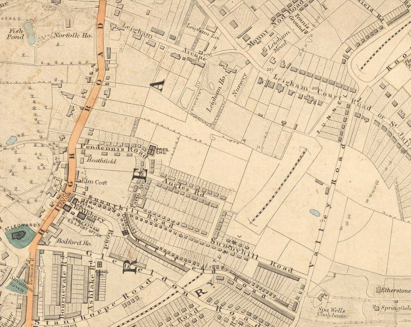 Old Colour Map of South London in 1891 - Streatham, Tooting, Mitcham, Norbury - SW17, SW16, CR4