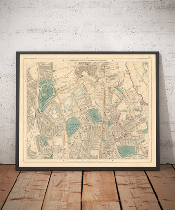 Mappa dei colori antica di North London, 1891 - Finsbury Park, Hackney Downs, Stoke Newington, Clapton - N4, N5, N15, N16, E5 