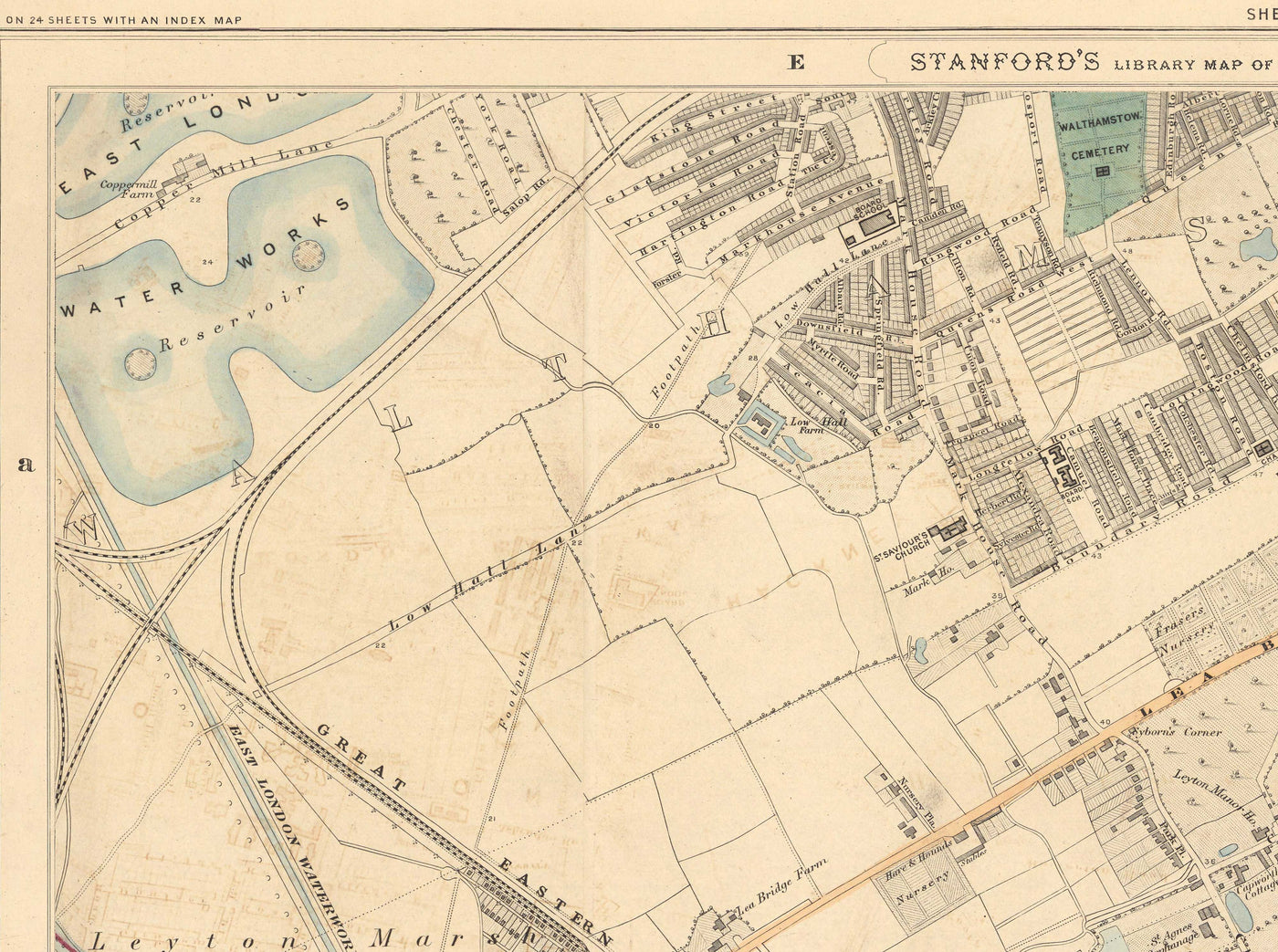 Old Colour Map of North East London, 1891 - Walthamstow, Leyton, Wanstead, Leytonstone, Lea - E5, E10, E11, E17