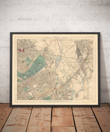 Mappa colorata antica di East London nel 1891 - Victoria Park, Hackney, Bow, Stratford, Tower Hamlets - E9, E20, E3, E15 