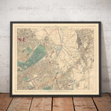 Mappa colorata antica di East London nel 1891 - Victoria Park, Hackney, Bow, Stratford, Tower Hamlets - E9, E20, E3, E15 