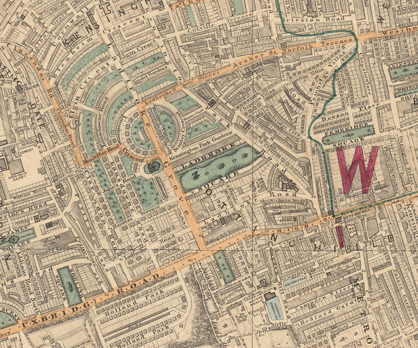 Alte Farbkarte von West London - Notting Hill, Kensington, Portobello Road, Shepherds Bush, Bayswater - W11 W2 W8 SW7 W14 W6 W12 W10