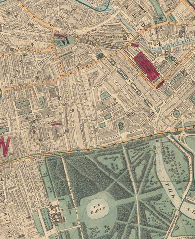 Antiguo mapa en color del oeste de Londres - Notting Hill, Kensington, Portobello Road, Shepherds Bush, Bayswater - W11 W2 W8 SW7 W14 W6 W12 W10