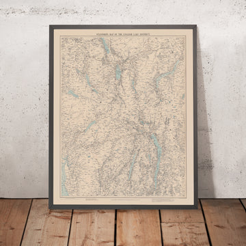 Antigua mapa del Distrito de los Lagos por Stanford, 1899: Windermere, Scafell Pike, Kendal, Ullswater, Helvellyn 