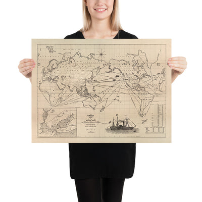 Alte Weltkarte der Dampferrouten von James Moore, 1850
