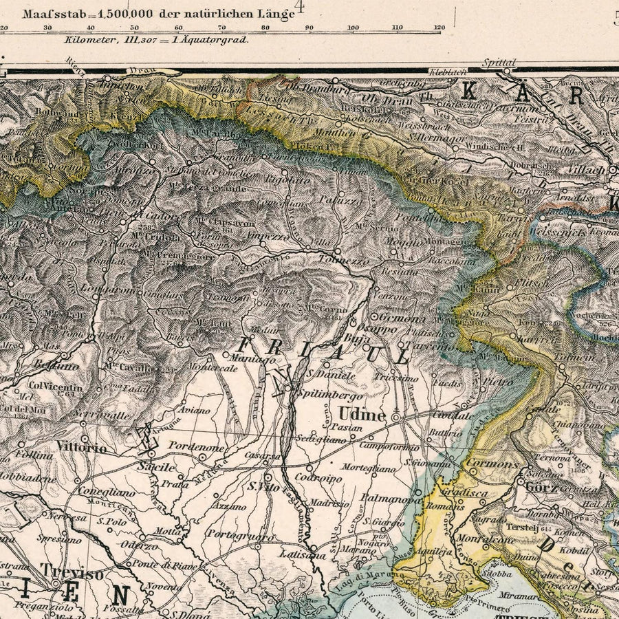 Antica mappa della Croazia e della Bosnia di Adolf Stieler, 1894: Mare Adriatico, la costa dalmata e le montagne Velebit 