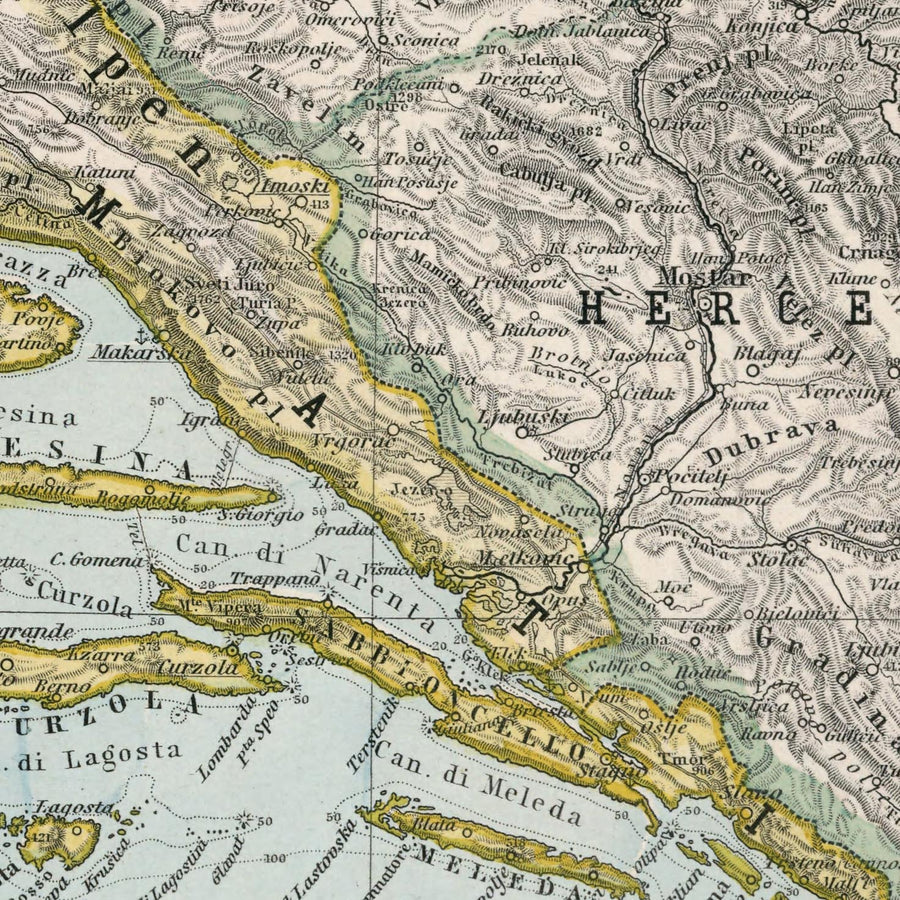 Antica mappa della Croazia e della Bosnia di Adolf Stieler, 1894: Mare Adriatico, la costa dalmata e le montagne Velebit 