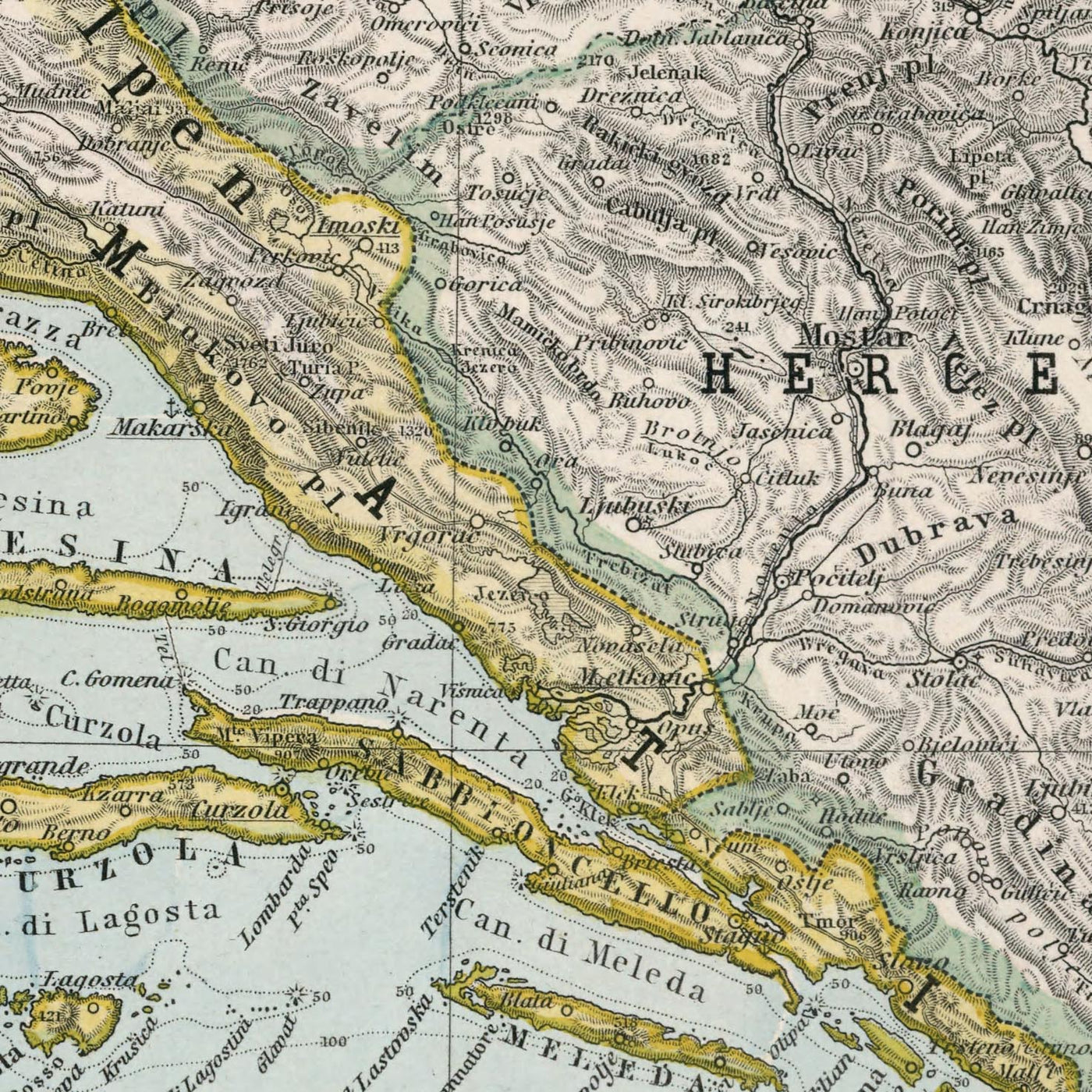 Alte Karte von Kroatien und Bosnien von Adolf Stieler, 1894: Adria, die dalmatinische Küste und die Velebit-Berge 