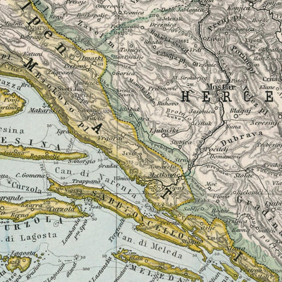 Alte Karte von Kroatien und Bosnien von Adolf Stieler, 1894: Adria, die dalmatinische Küste und die Velebit-Berge 
