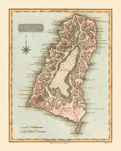 Ancienne carte rare de Sainte-Lucie par Lucas, 1823 : Castries, Soufrière, Vieux Fort, Pointe de la Caravelle, Anse la Raye