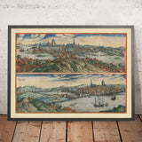 Alte Birdseye-Karte von Stockholm von Braun & Hogenberg, 1599: Königlicher Palast, Kirchen, Kanäle, Schiffe, Hügel 