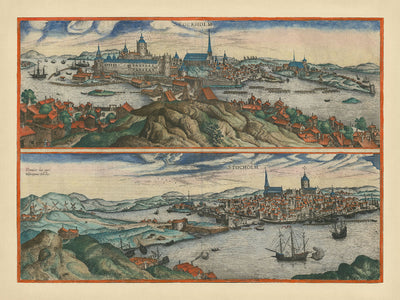 Alte Vogelaugenkarte von Stockholm von Braun & Hogenberg, 1599: Königlicher Palast, Kirchen, Kanäle, Schiffe, Hügel