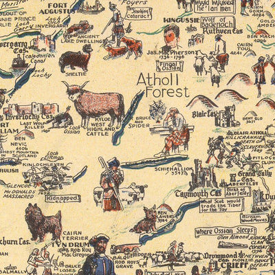 Antiguo mapa pictórico de Escocia, 1935: Glasgow, Edimburgo, tartanes, Flora MacDonald, Bonnie Prince Charlie