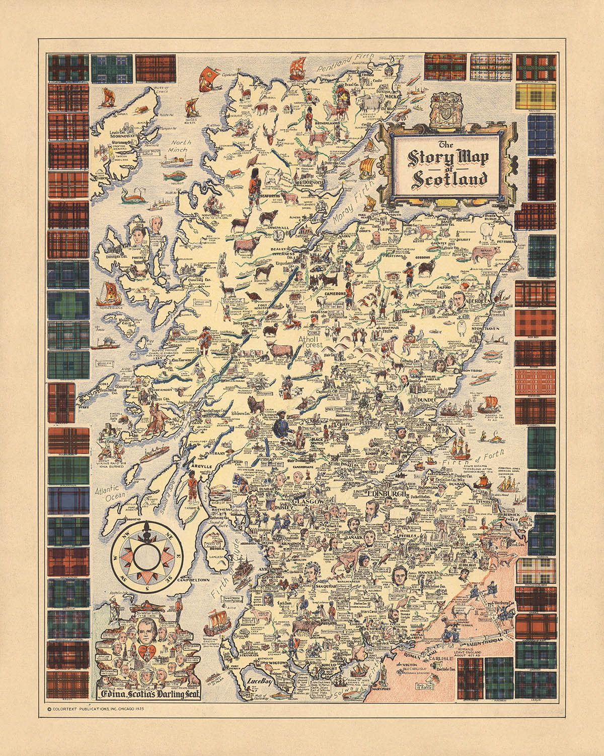 Ancienne carte picturale de l'Écosse, 1935 : Glasgow, Édimbourg, Tartans, Flora MacDonald, Bonnie Prince Charlie