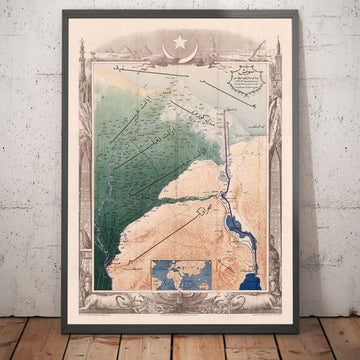 Old Arabic Map of Suez Canal by Erhard Schieble in 1869 - River Nile, Cairo, Mediterranean Sea, Mansoura