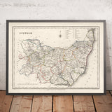 Antiguo mapa de Suffolk en 1844 por Samuel Lewis - Ipswich, Woodbridge, Bury St. Edmunds, Thetford, Great Yarmouth