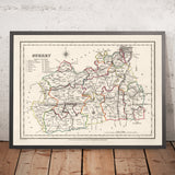Alte Karte von Surrey von Samuel Lewis, 1844: London, Guildford, Woking, Ewell und Camberley 