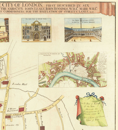 Old Map of the Great Fire of London in 1667 by John Leake & George Vertue - London Bridge, Westminster, River Thames, St Paul's Cathedral, Southwark
