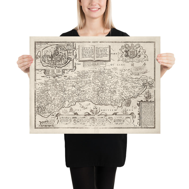 Alte Karte von Sussex im Jahr 1611 von John Speed - Worthing, Crawley, Brighton, Bognor, Eastbourne, Littlehampton, Horsham 