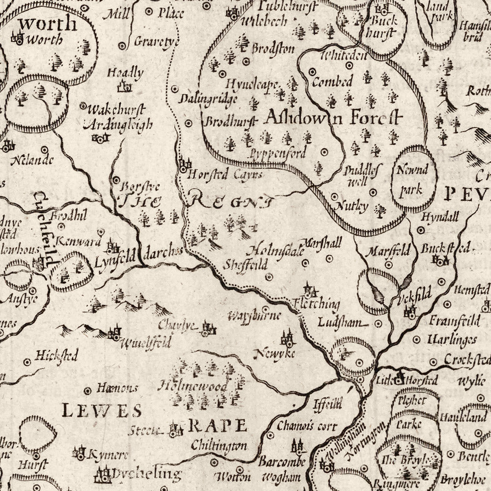Alte Karte von Sussex im Jahr 1611 von John Speed - Worthing, Crawley, Brighton, Bognor, Eastbourne, Littlehampton, Horsham 