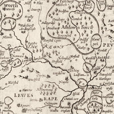 Alte Karte von Sussex im Jahr 1611 von John Speed - Worthing, Crawley, Brighton, Bognor, Eastbourne, Littlehampton, Horsham 