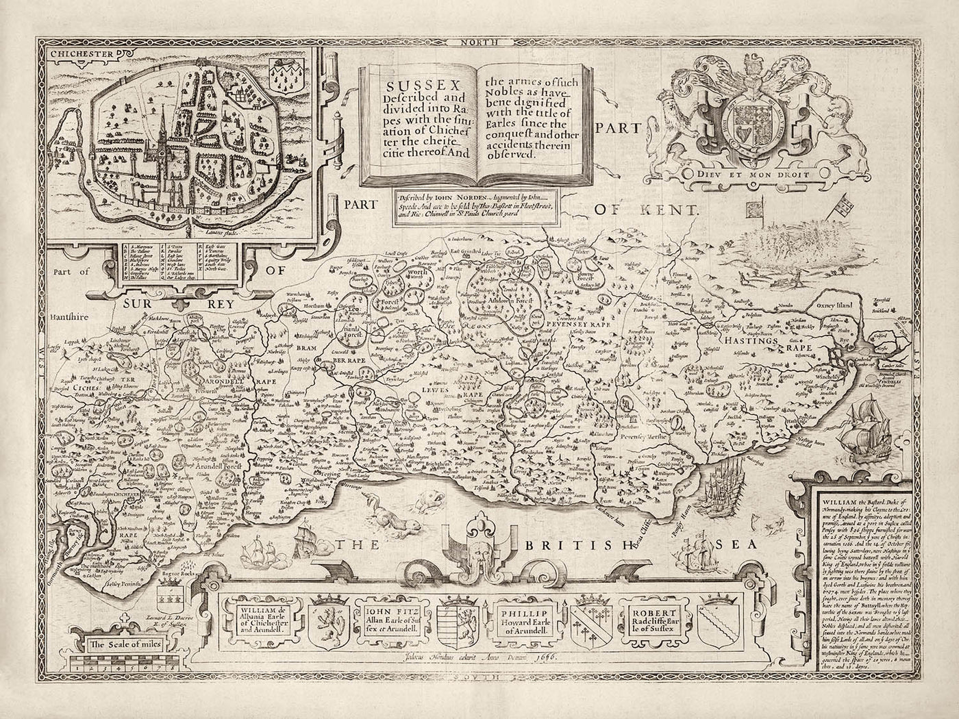 Alte Karte von Sussex im Jahr 1611 von John Speed - Worthing, Crawley, Brighton, Bognor, Eastbourne, Littlehampton, Horsham 