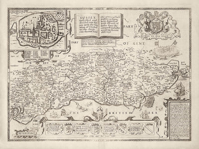 Alte Karte von Sussex im Jahr 1611 von John Speed - Worthing, Crawley, Brighton, Bognor, Eastbourne, Littlehampton, Horsham 