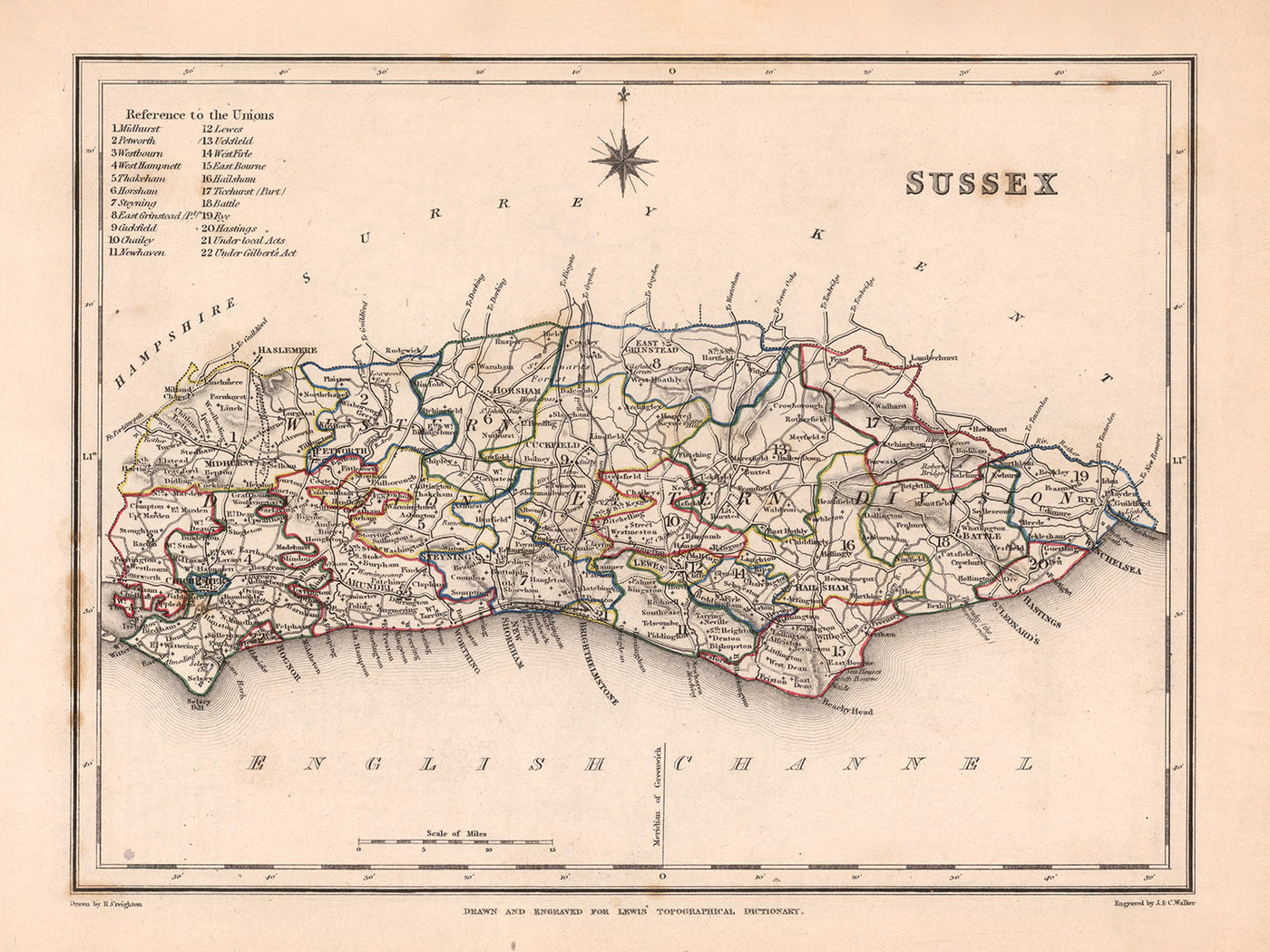 Old Map of East and West Sussex by Samuel Lewis, 1844: Brighton, Crawley, Worthing, Eastbourne, and Hastings