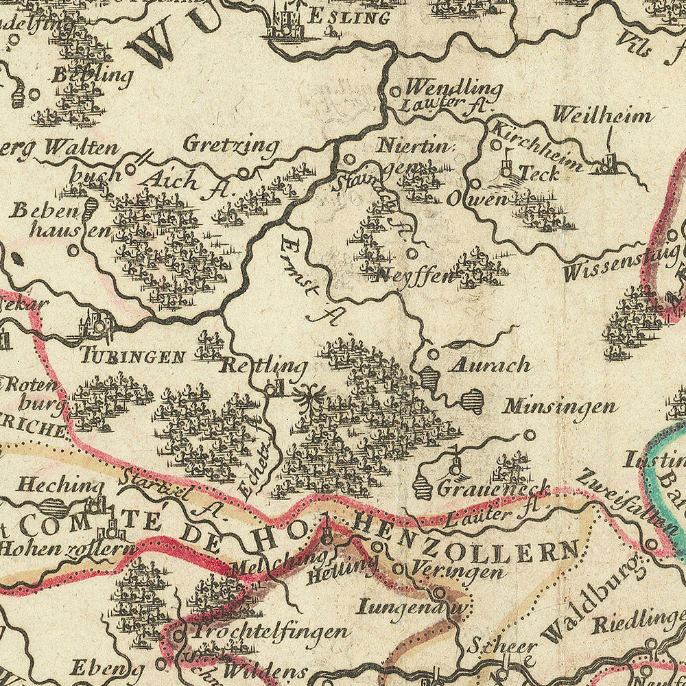 Ancienne carte de la Souabe par Sanson, 1703 : Stuttgart, Heidelberg, Augsbourg, Forêt-Noire, Rhin