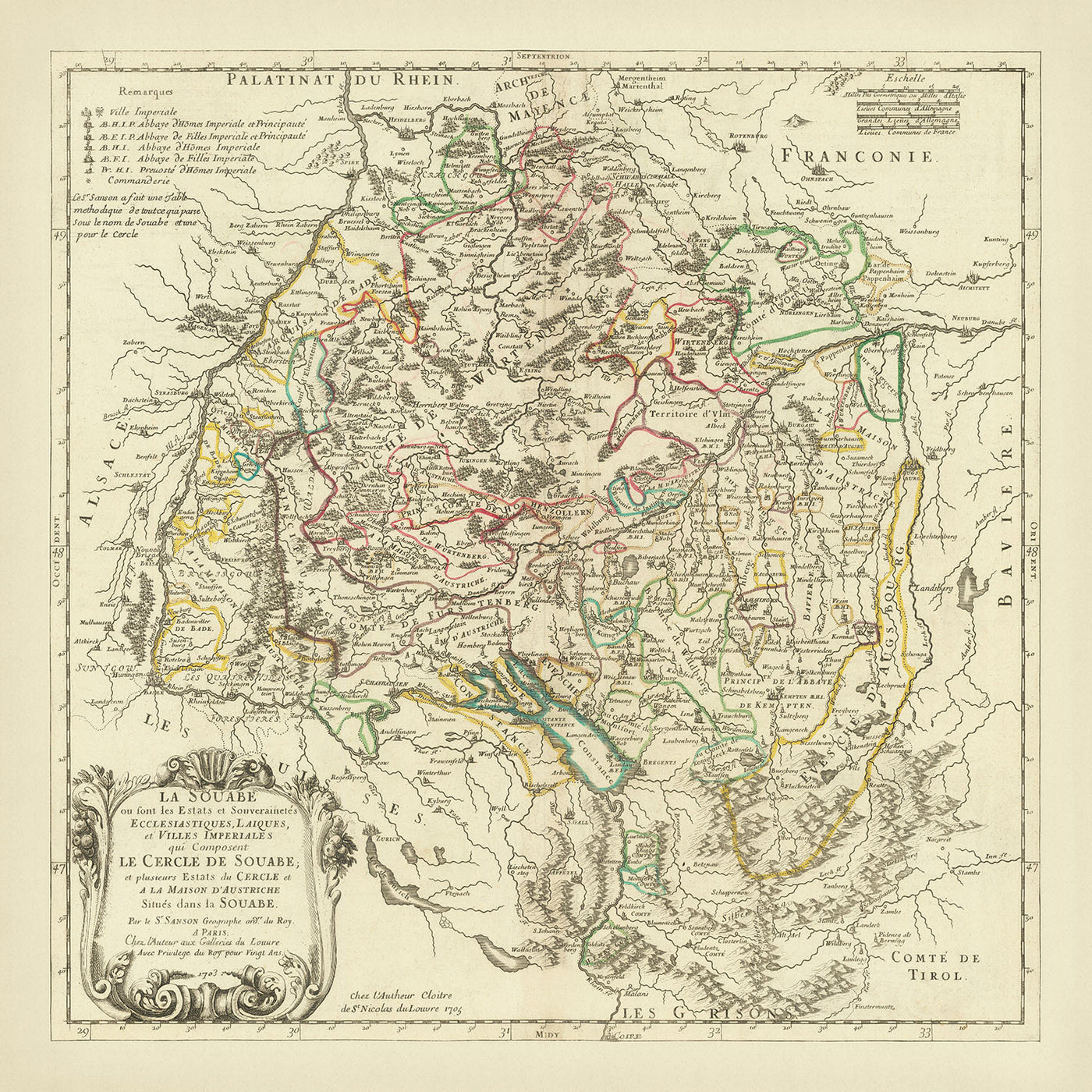 Ancienne carte de la Souabe par Sanson, 1703 : Stuttgart, Heidelberg, Augsbourg, Forêt-Noire, Rhin