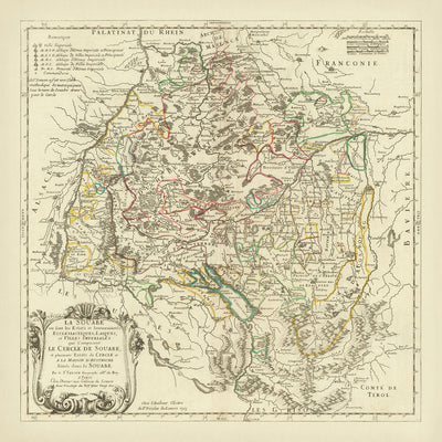 Ancienne carte de la Souabe par Sanson, 1703 : Stuttgart, Heidelberg, Augsbourg, Forêt-Noire, Rhin