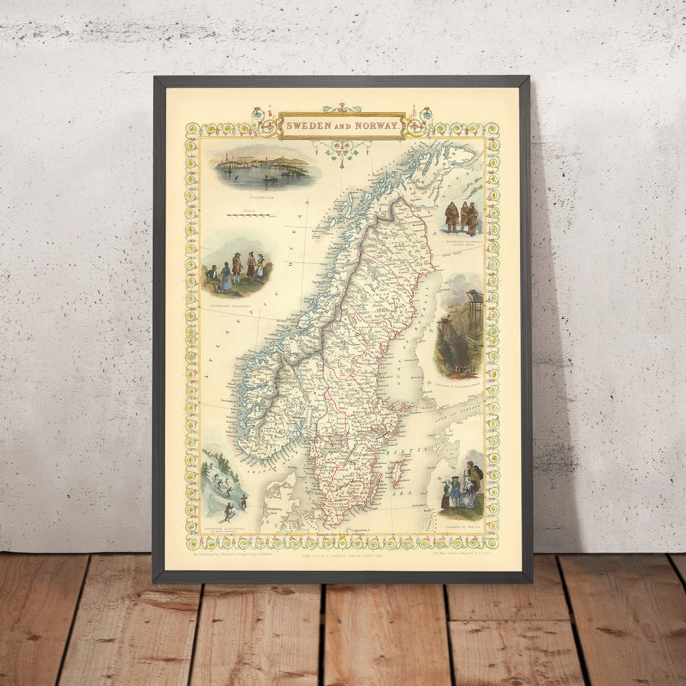 Mapa antiguo de Suecia y Noruega de Tallis, 1855: Estocolmo, Christiania, lapones, minas de hierro, campesinado