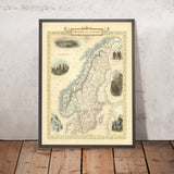 Alte Karte von Schweden und Norwegen von Tallis & Rapkin, 1855: Stockholm, Christiania, Lappen, Eisenminen, Landbevölkerung 