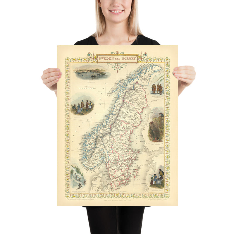 Old Map of Sweden and Norway by Tallis & Rapkin, 1855: Stockholm, Christiania, Laplanders, Iron Mines, Peasantry