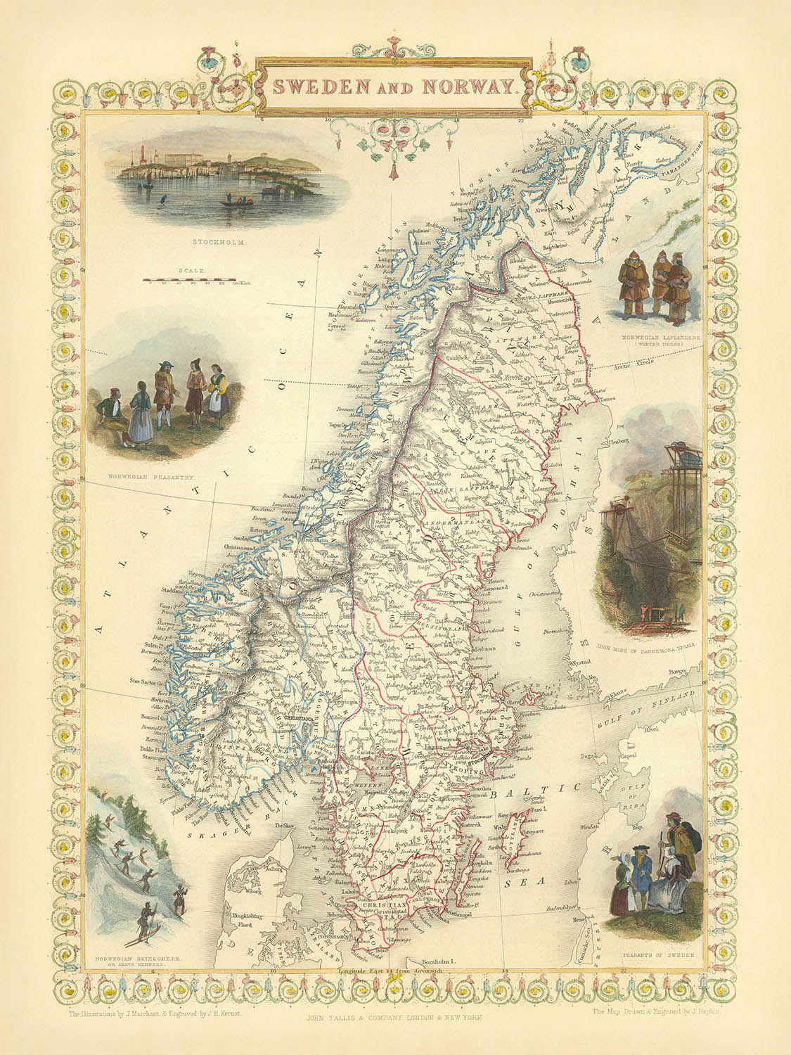 Mapa antiguo de Suecia y Noruega de Tallis, 1855: Estocolmo, Christiania, lapones, minas de hierro, campesinado