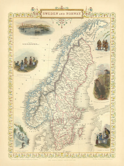 Old Map of Sweden and Norway by Tallis & Rapkin, 1855: Stockholm, Christiania, Laplanders, Iron Mines, Peasantry