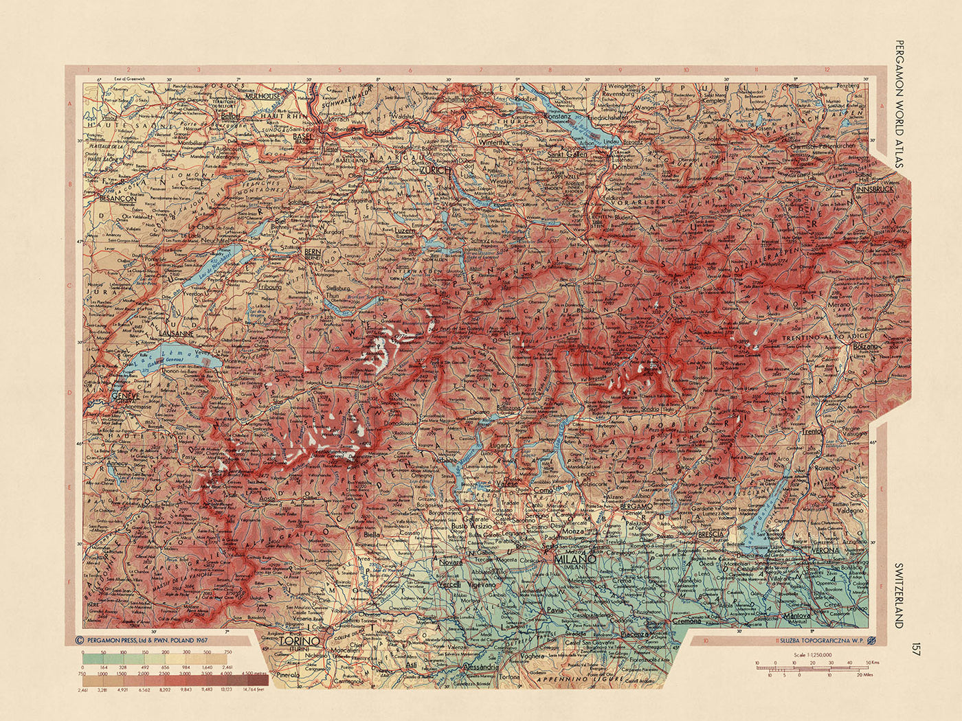 Alte Karte der Schweiz, 1967: Die Alpen, Bern, Genf, Zürich, Genfersee