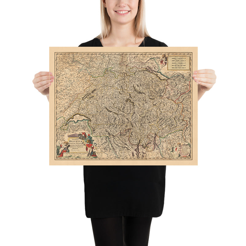 Alte Karte der Schweiz von Visscher, 1690: Bern, Zürich, Genf, Laussane, Regionalpark Gruyère Pays-d'Enhaut