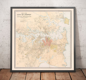 Mappa antica di Sydney nel 1890 di Bartholomew - Port Jackson, Potts Point, fiume Parramatta, Baia di Botany, Darling Point 