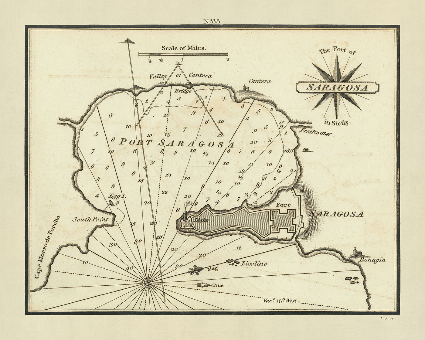 Carte nautique du vieux port de Saragosse par Heather, 1802 : fortifications, phare, sondages