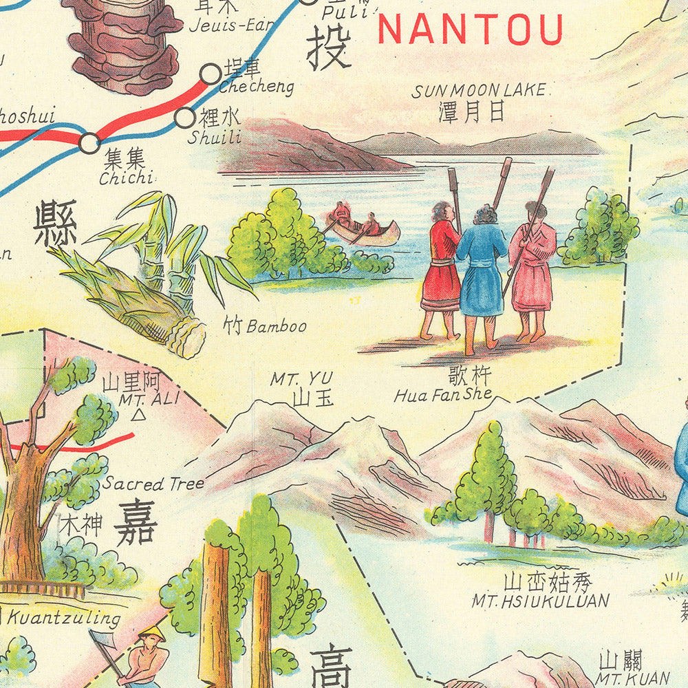 Antiguo mapa pictórico de Taiwán, 1955: Taipei, Lago del Sol y la Luna, Garganta de Taroko, Torre Chih Kan, Templo de Confucio