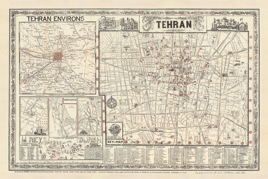 Mappa antica di Teheran di Sahab Abbas, 1956: Mehran, Bazaar, Abouzar, Sadeghiyeh 