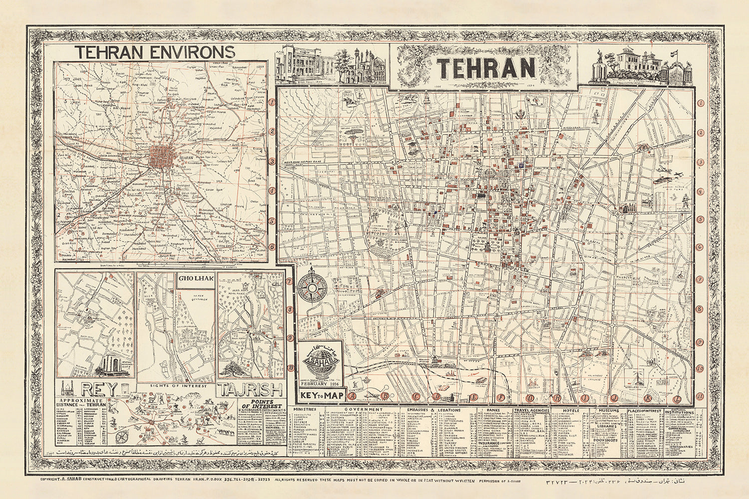 Old Map of Tehran by Sahab Abbas, 1956: Mehran, Bazaar, Abouzar, Sadeg ...
