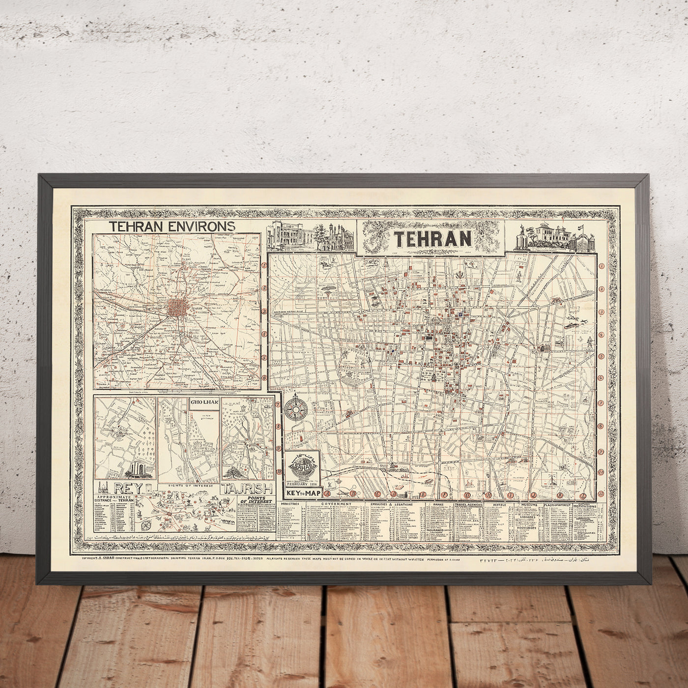 Old Map of Tehran by Sahab Abbas, 1956: Mehran, Bazaar, Abouzar, Sadeghiyeh