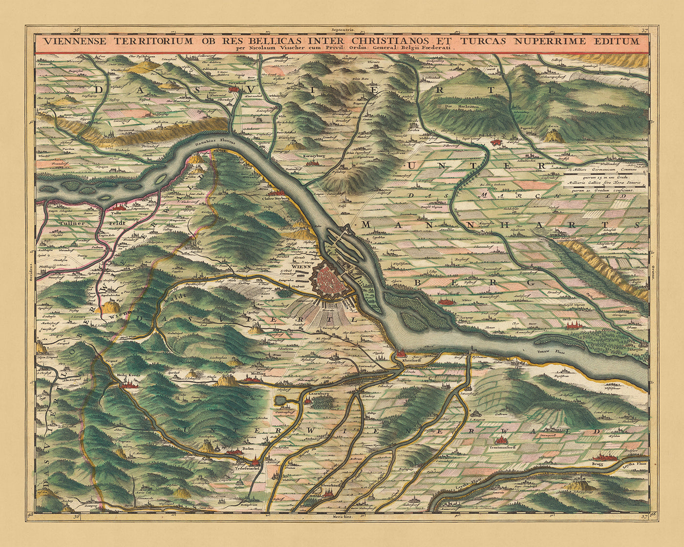Antiguo mapa del territorio alrededor de Viena: Visscher, 1690: Tulln, Schwechat, Klosterneuburg, Baden bei Vien, Lainzer Tiergarten